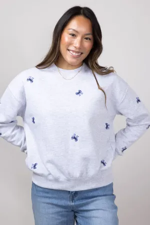 1897 Active Embroidered Bows Fleece Sweatshirt for Women in Ice Grey | T039-ICEGREY