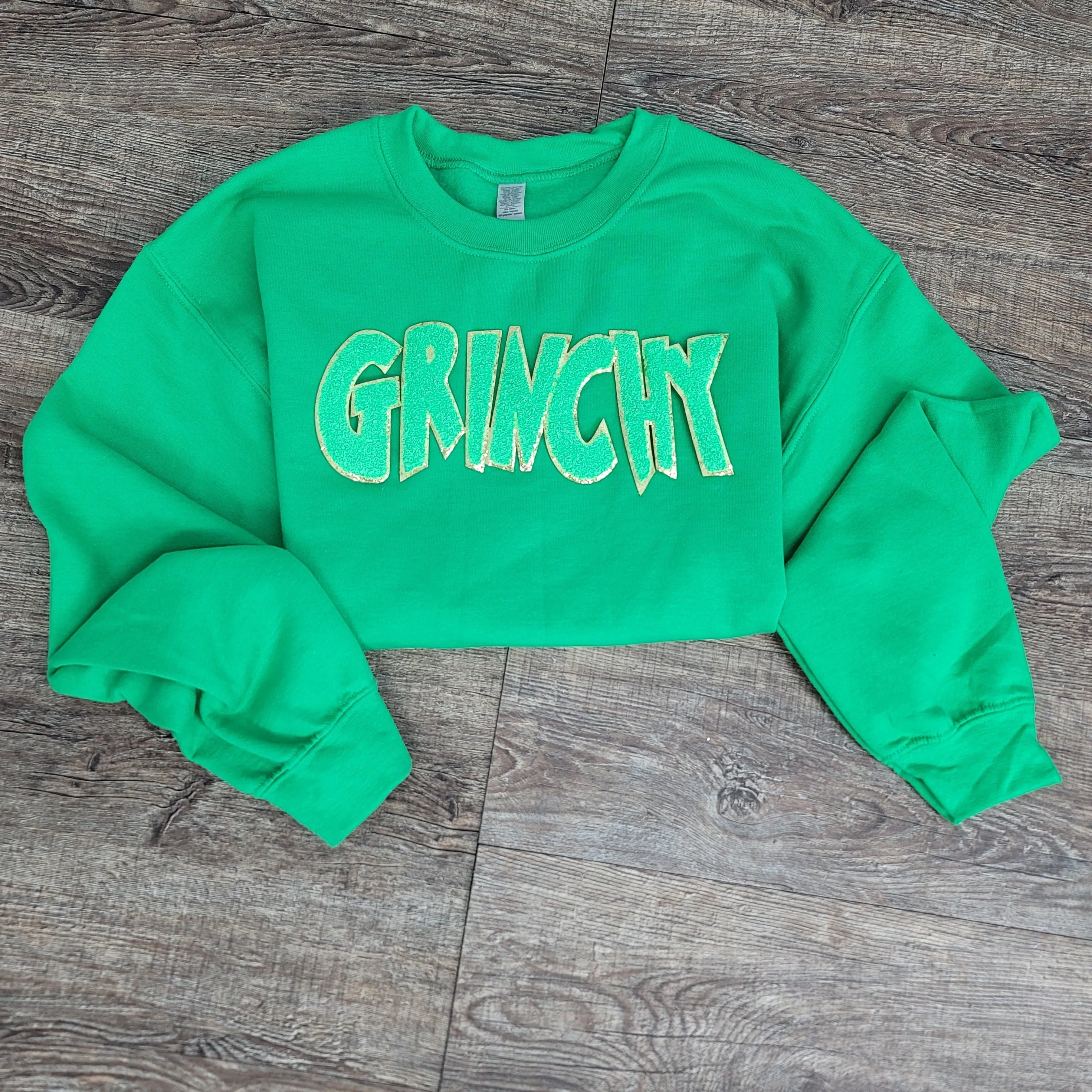 3Blues Designs |   Hazel Blues® |  Grinchy Chenille Patch Sweatshirt: LIME GREEN