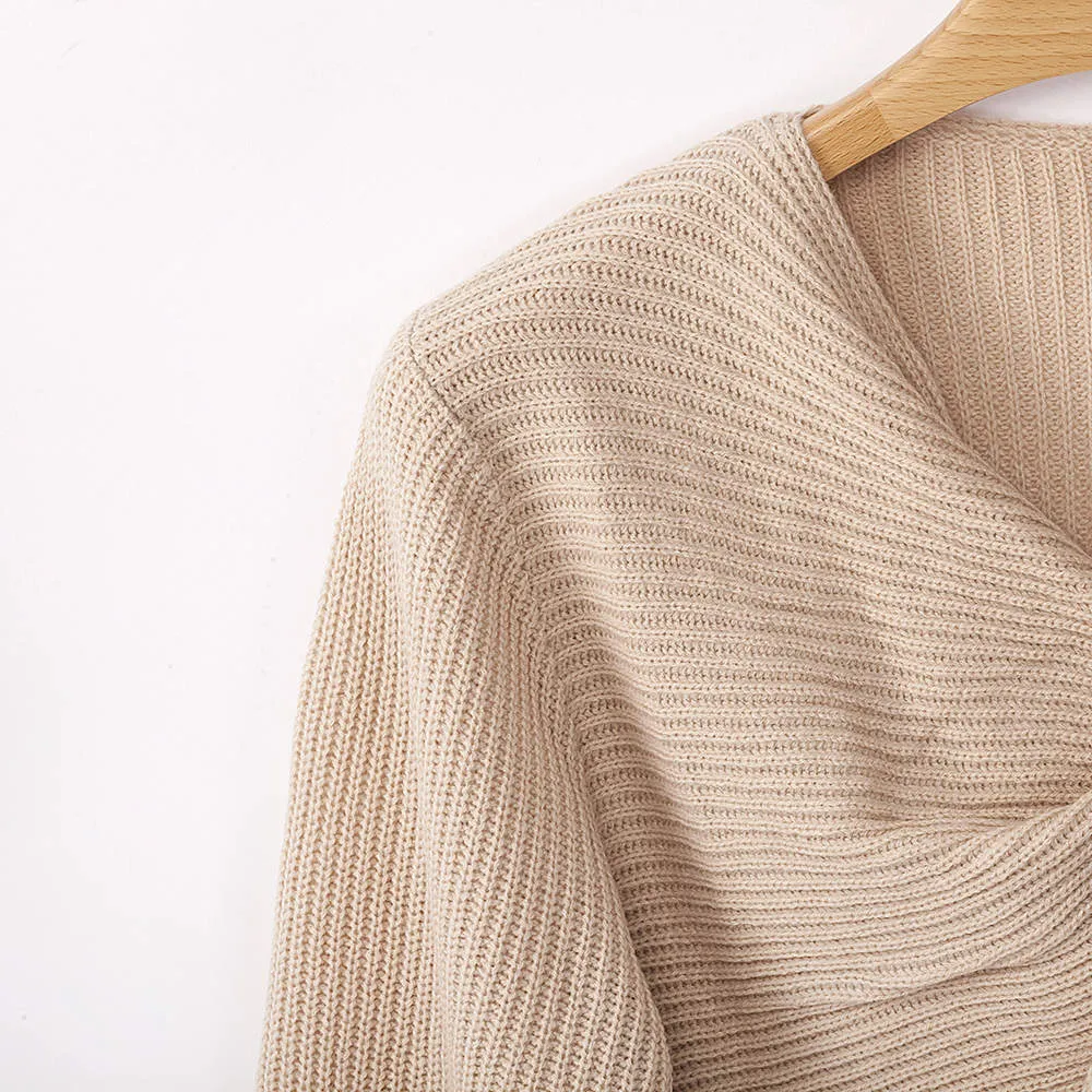 Autumn and Winter New Sweater Women's Three-color Cross Long-sleeved Umbilical Sexy Knit Top