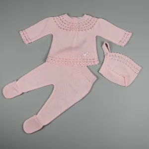 Baby Girls Pink Three-Piece Long Sleeve Outfit With Bonnet
