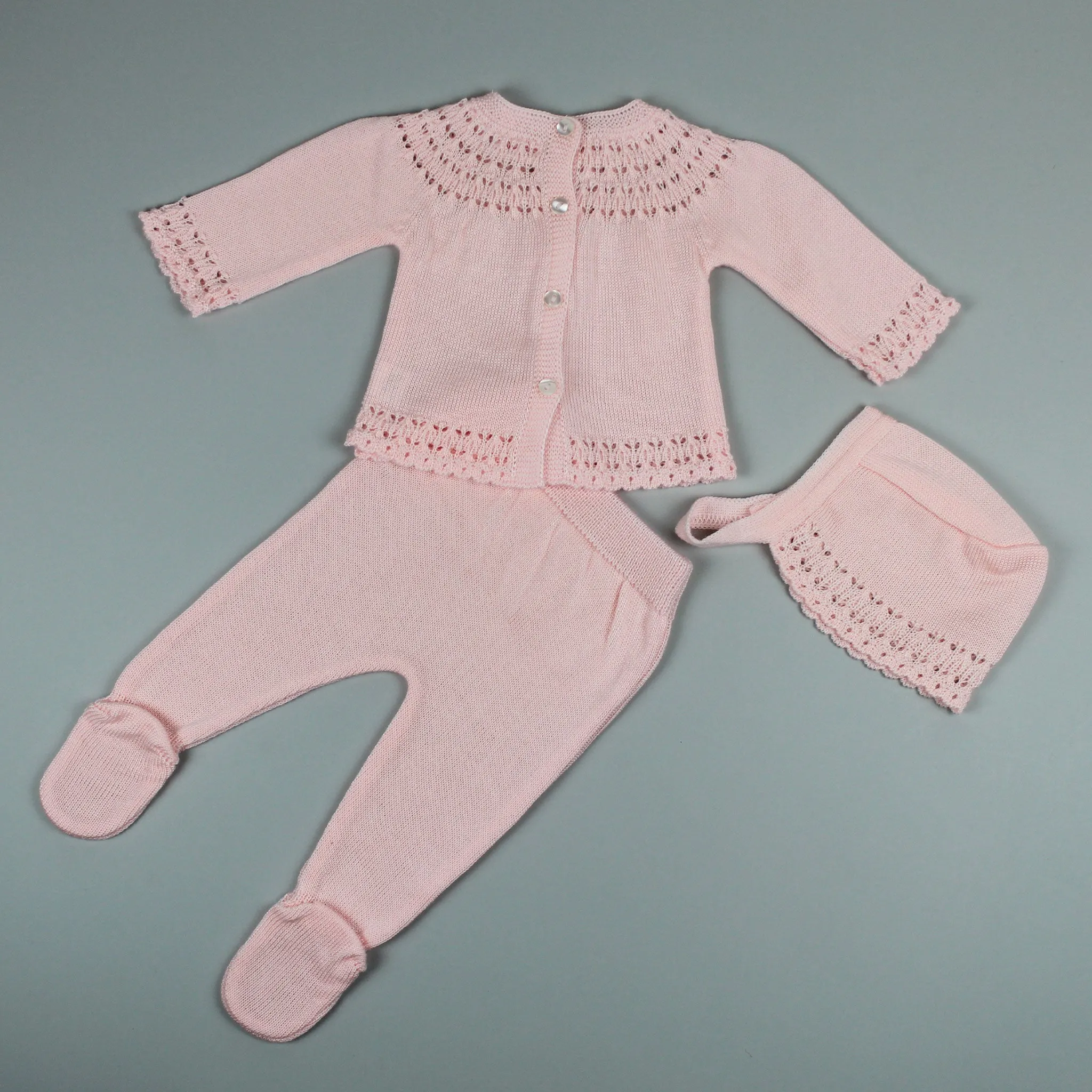 Baby Girls Pink Three-Piece Long Sleeve Outfit With Bonnet