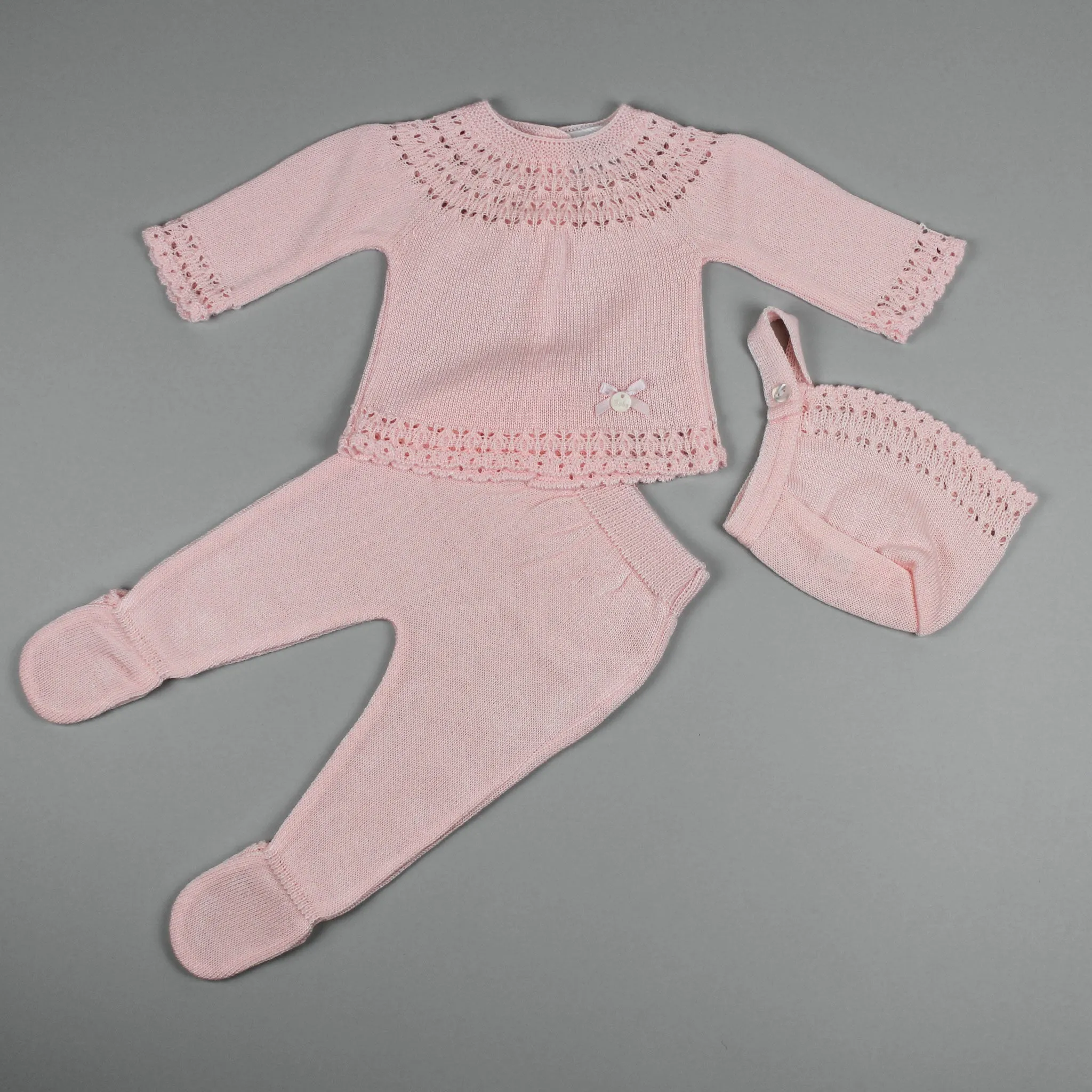 Baby Girls Pink Three-Piece Long Sleeve Outfit With Bonnet