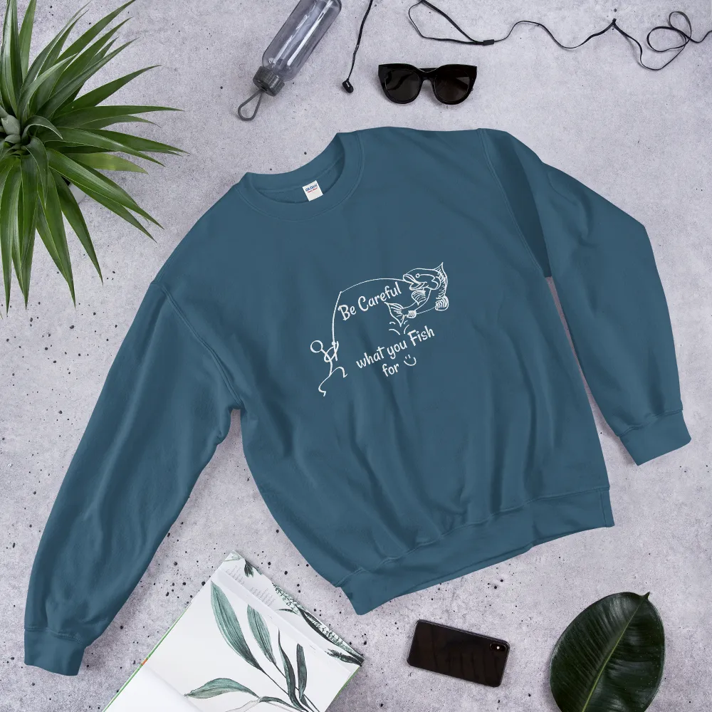 Be Careful what you Fish for, Unisex Heavy Blend Crewneck Sweatshirt-White Text