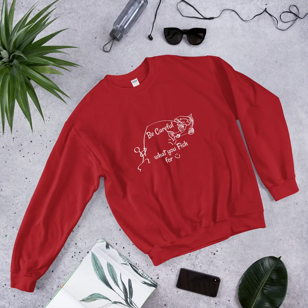 Be Careful what you Fish for, Unisex Heavy Blend Crewneck Sweatshirt-White Text