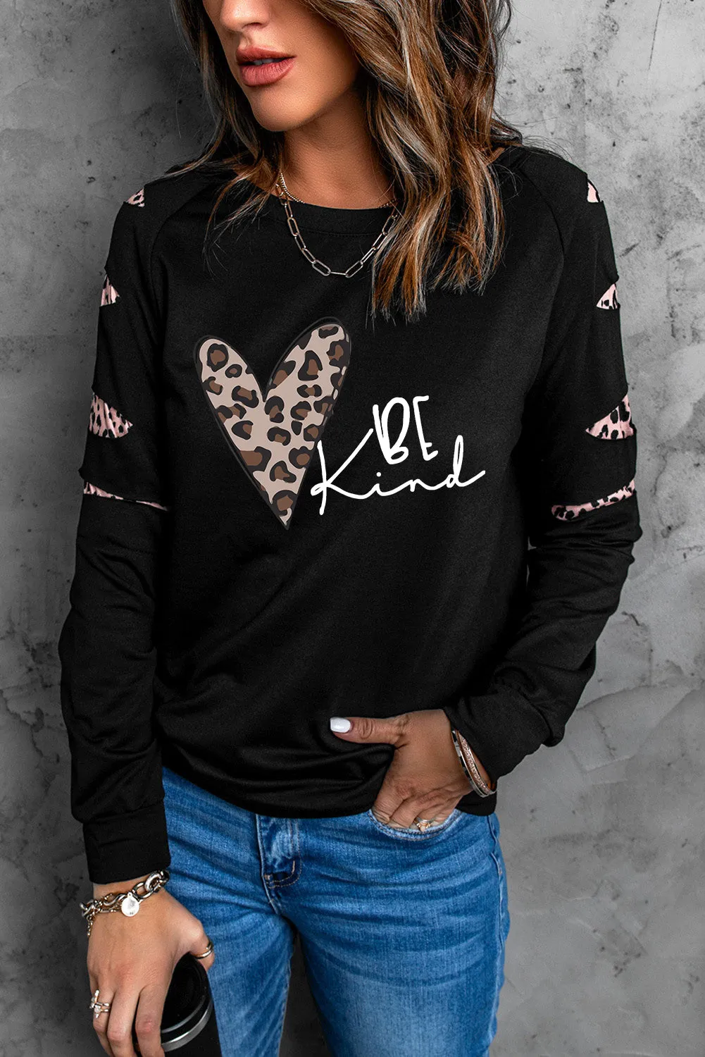 Be Kind Leopard Heart Print Cut Out Long Sleeve Sweatshirt