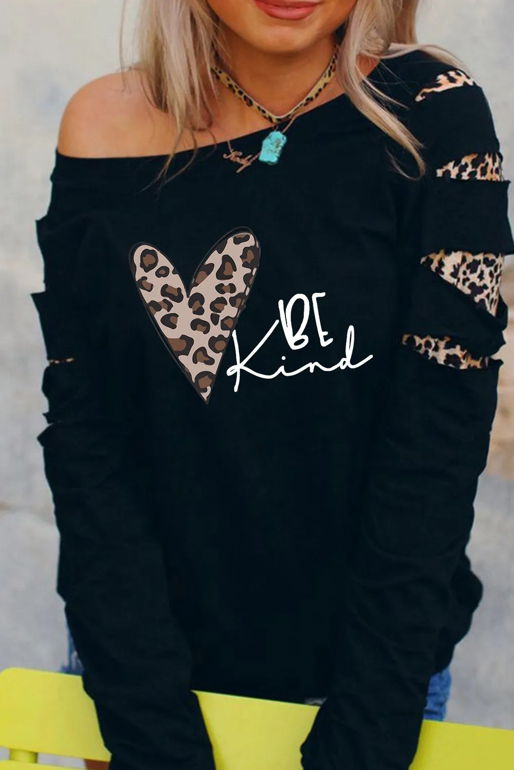 Be Kind Leopard Heart Print Cut Out Long Sleeve Sweatshirt