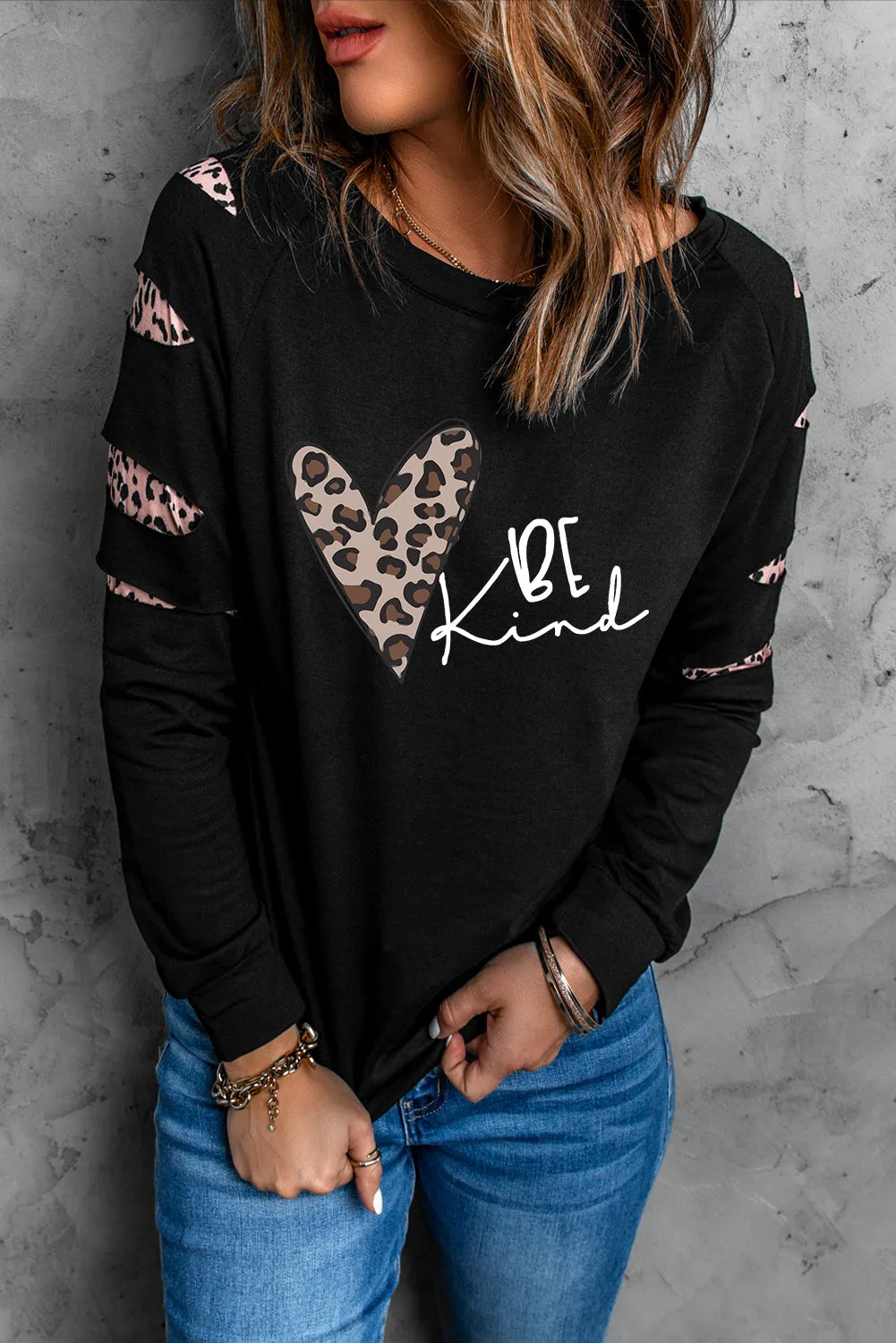 Be Kind Leopard Heart Print Cut Out Long Sleeve Sweatshirt