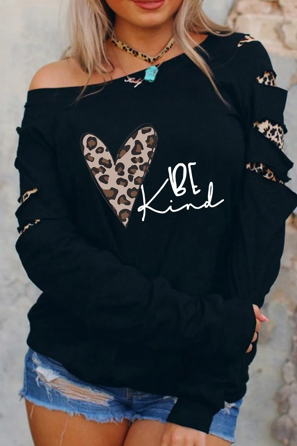 Be Kind Leopard Heart Print Cut Out Long Sleeve Sweatshirt