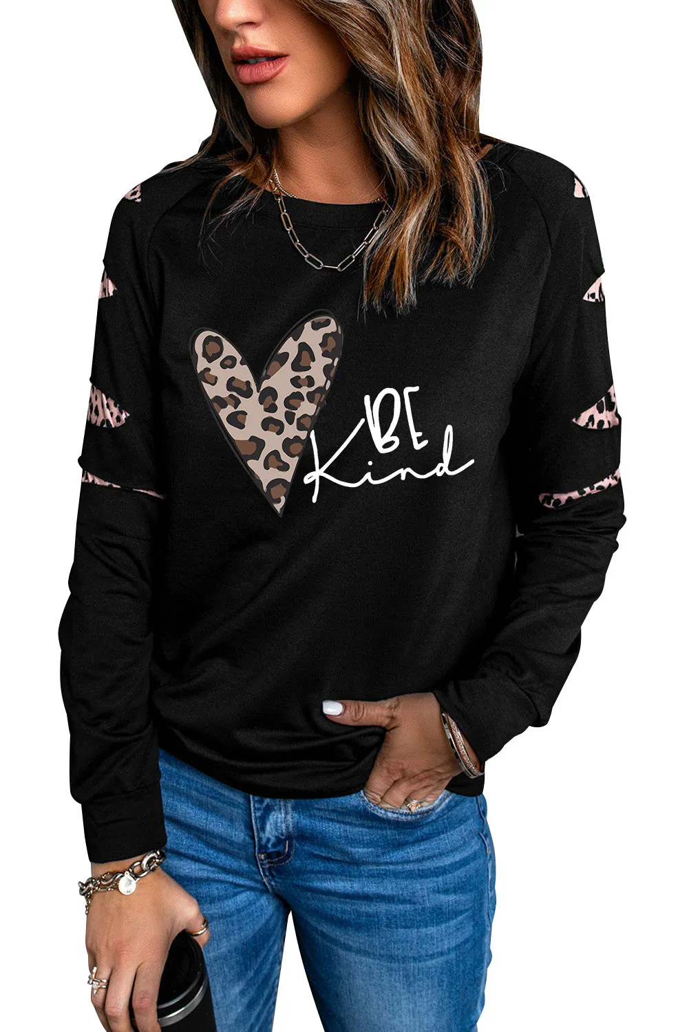 Be Kind Leopard Heart Print Cut Out Long Sleeve Sweatshirt