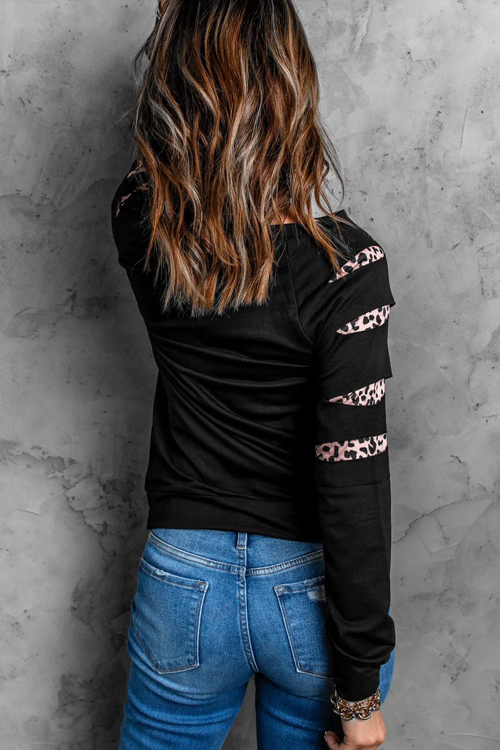 Be Kind Leopard Heart Print Cut Out Long Sleeve Sweatshirt