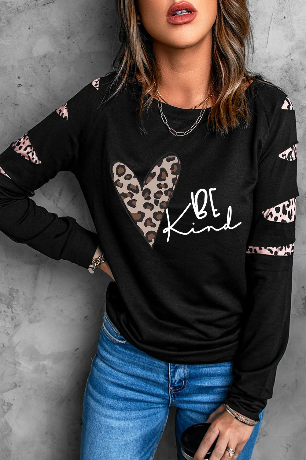 Be Kind Leopard Heart Print Cut Out Long Sleeve Sweatshirt