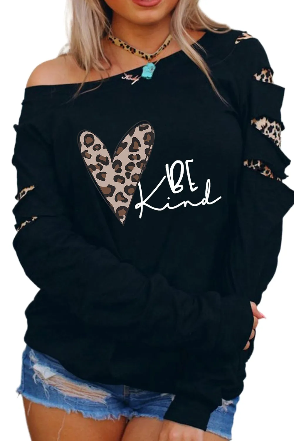 Be Kind Leopard Heart Print Cut Out Long Sleeve Sweatshirt