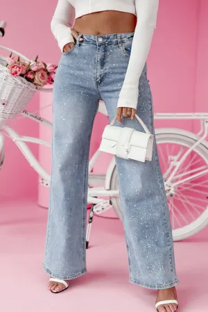 Beau Blue Splash Ink Printed High Waist Wide Leg Jeans