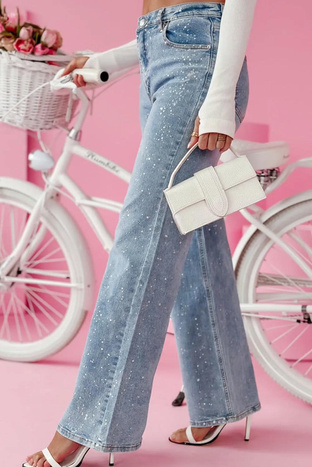 Beau Blue Splash Ink Printed High Waist Wide Leg Jeans