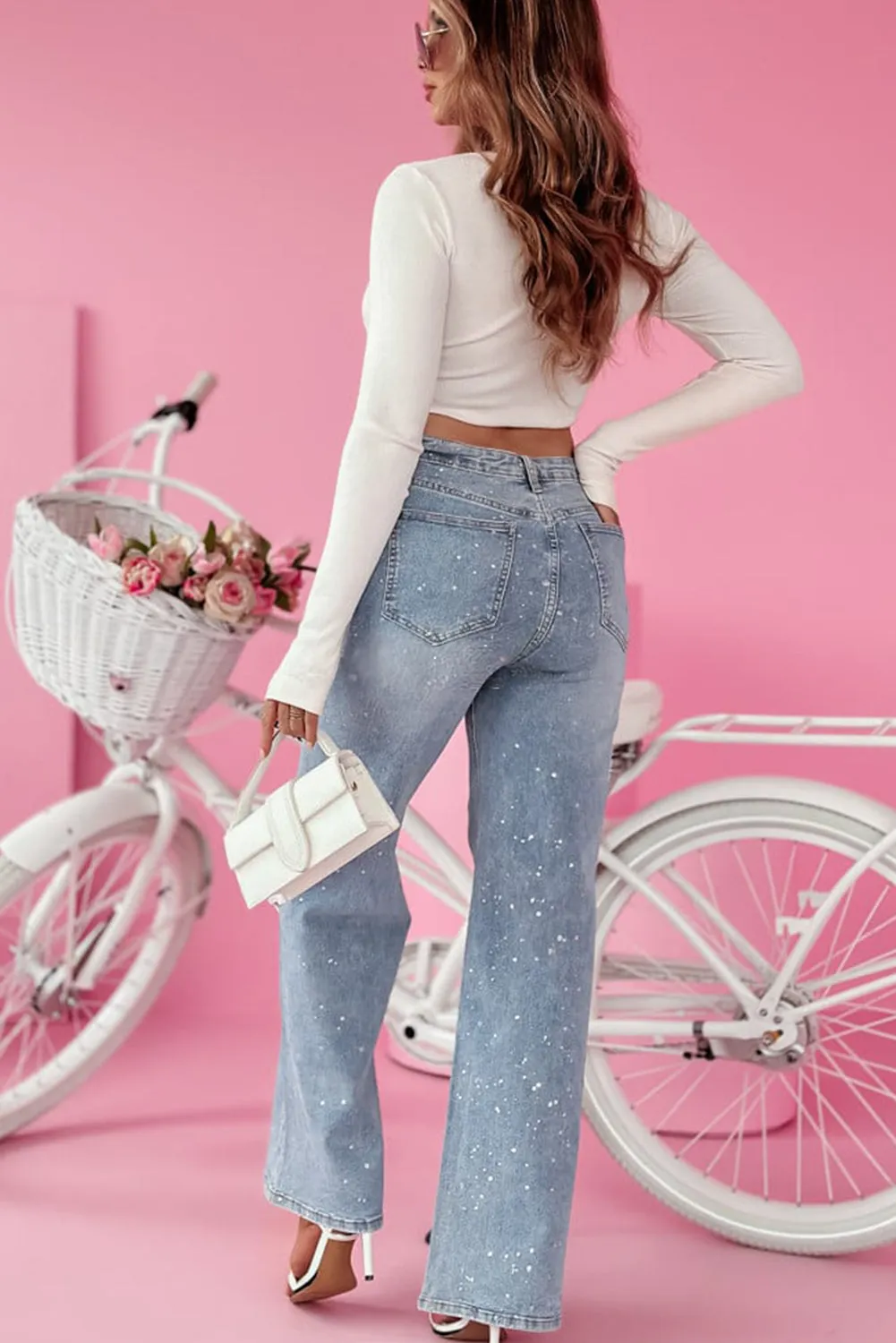 Beau Blue Splash Ink Printed High Waist Wide Leg Jeans