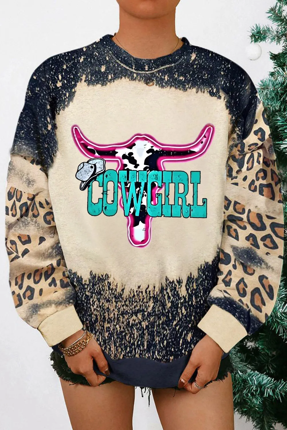Black COWGIRL Western Graphic Leopard Tie Dye Sweatshirt