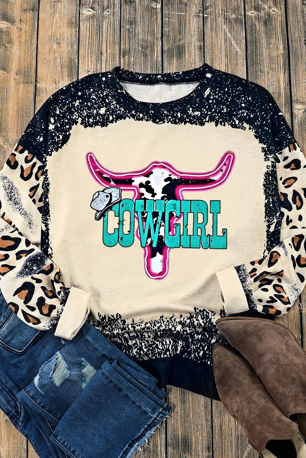 Black COWGIRL Western Graphic Leopard Tie Dye Sweatshirt