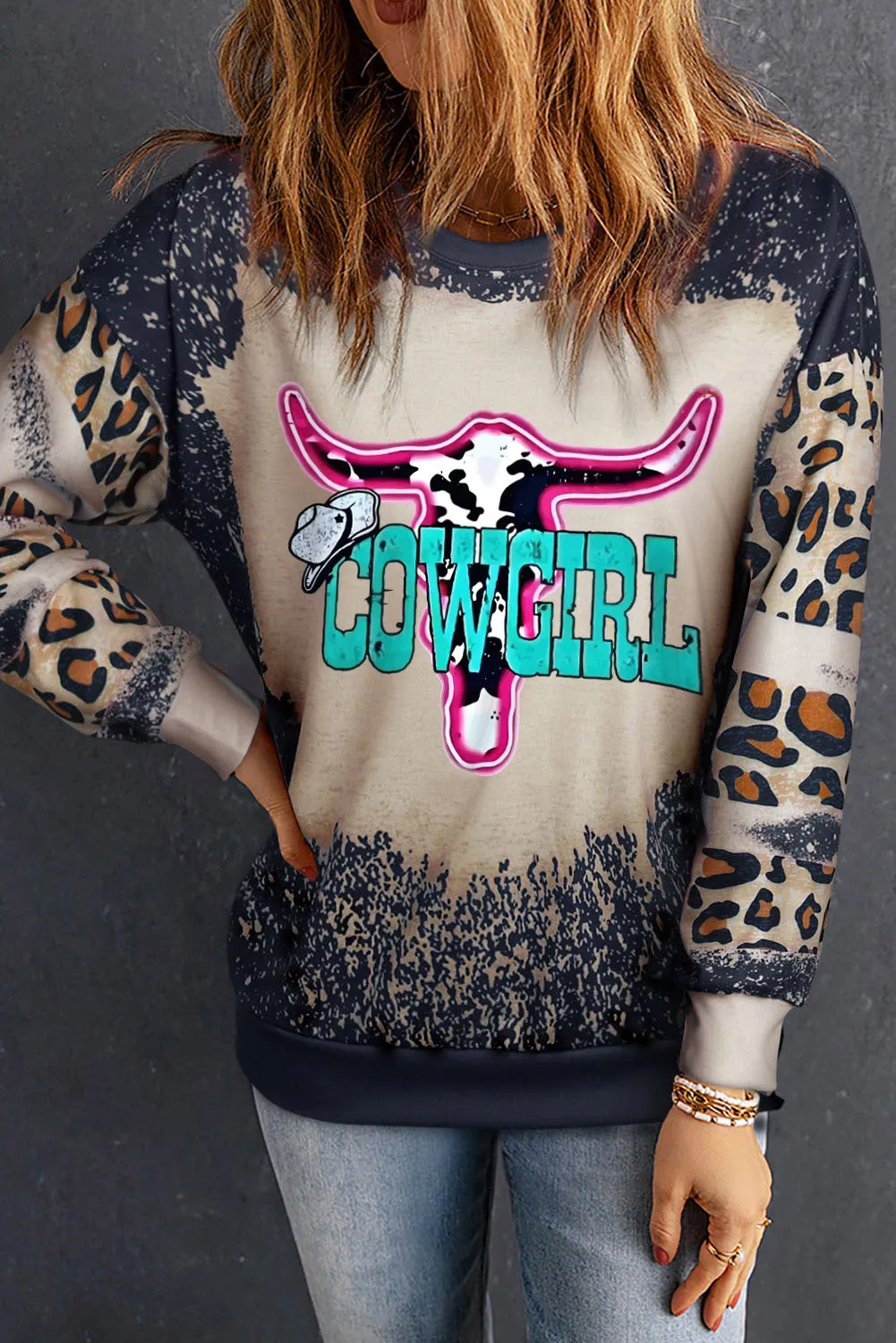 Black COWGIRL Western Graphic Leopard Tie Dye Sweatshirt