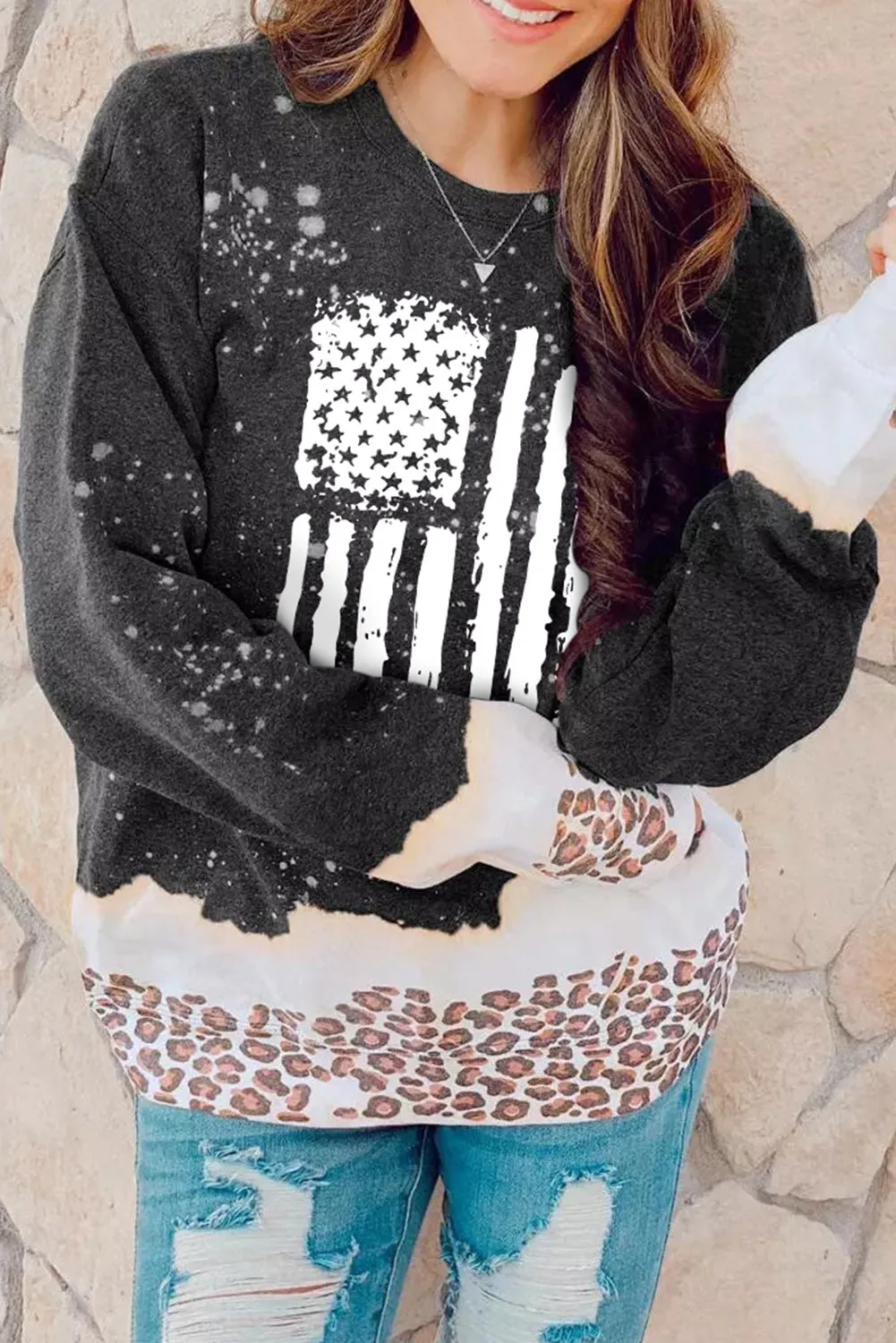 Black Flag Graphic Bleached Leopard Trim Pullover Sweatshirt