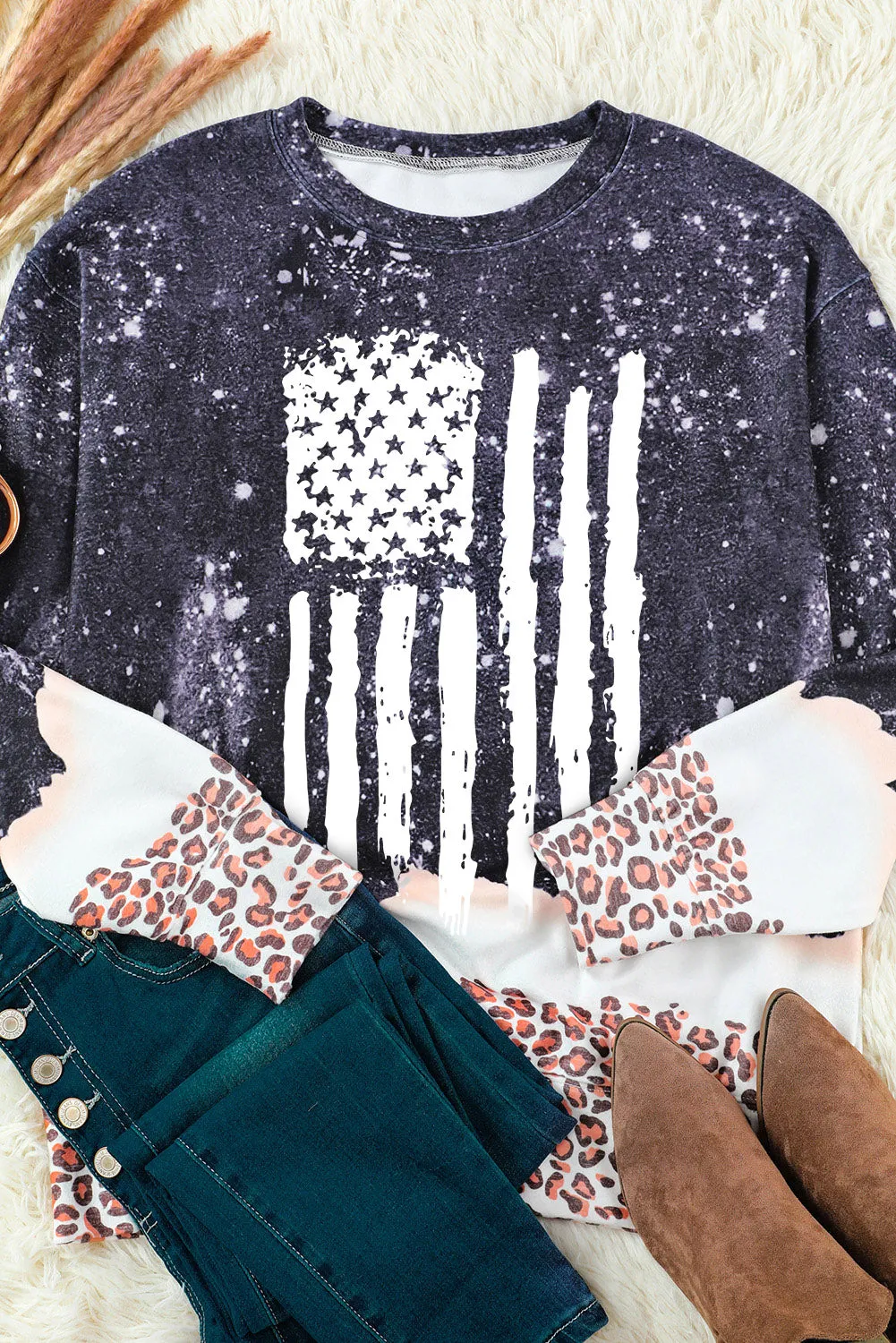 Black Flag Graphic Bleached Leopard Trim Pullover Sweatshirt
