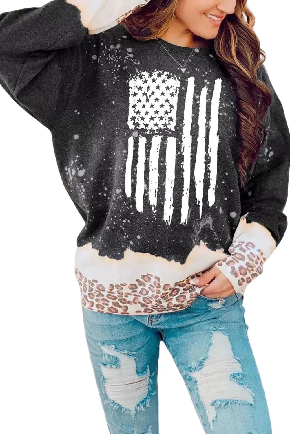 Black Flag Graphic Bleached Leopard Trim Pullover Sweatshirt