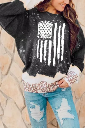 Black Flag Graphic Bleached Leopard Trim Pullover Sweatshirt