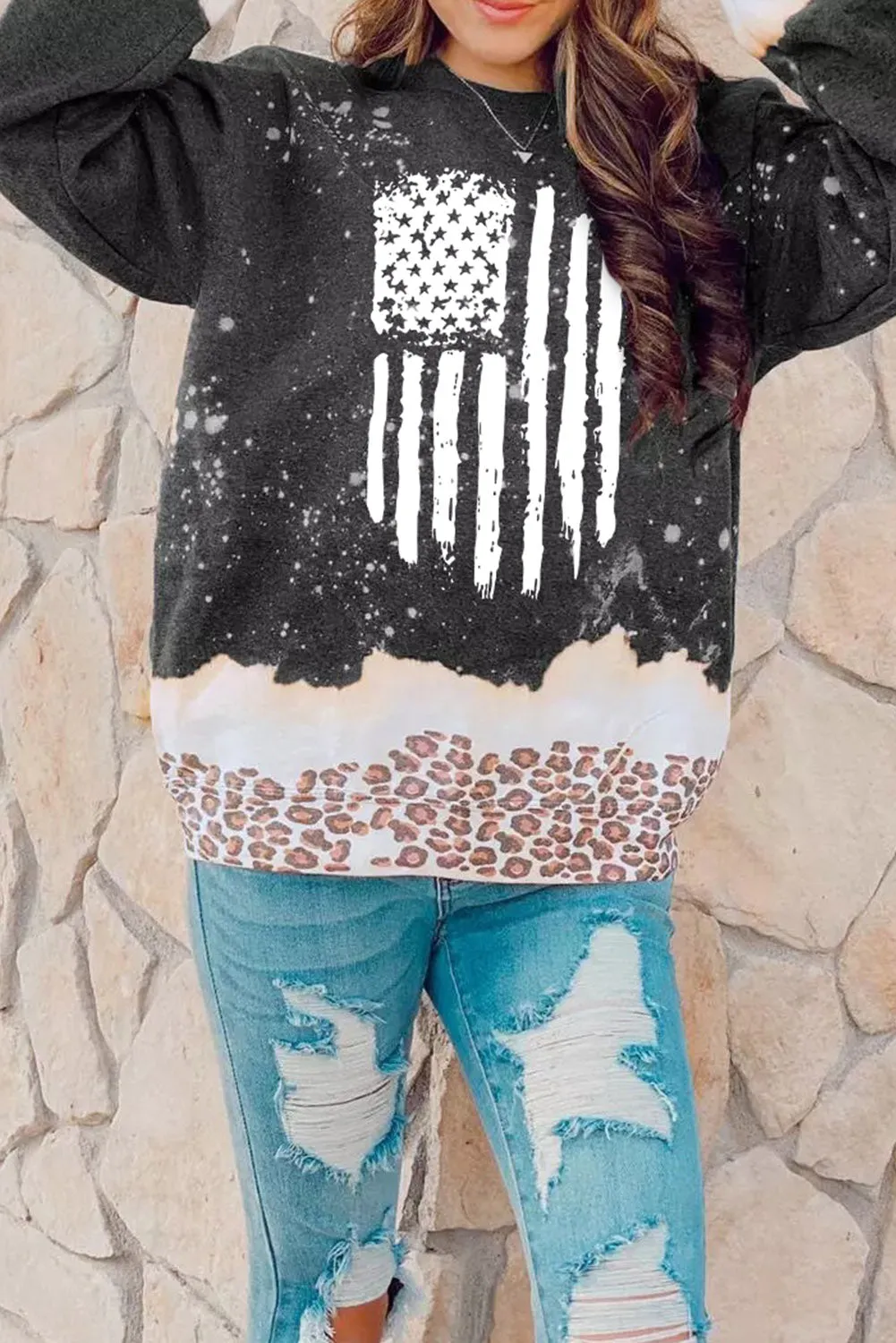 Black Flag Graphic Bleached Leopard Trim Pullover Sweatshirt