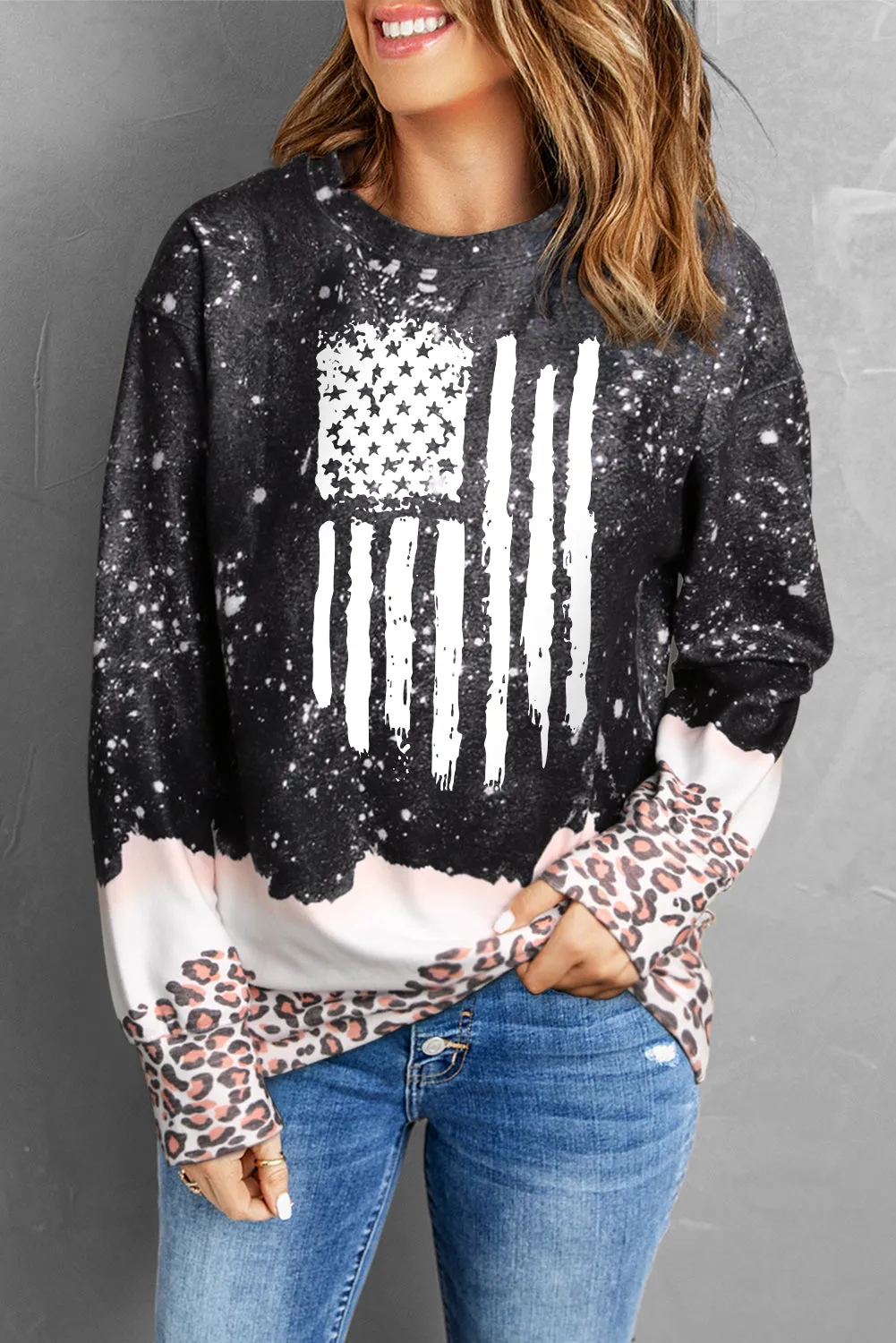Black Flag Graphic Bleached Leopard Trim Pullover Sweatshirt