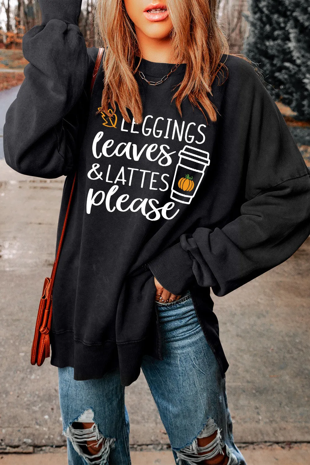 Black Slogan Print Side Split Oversized Sweatshirt