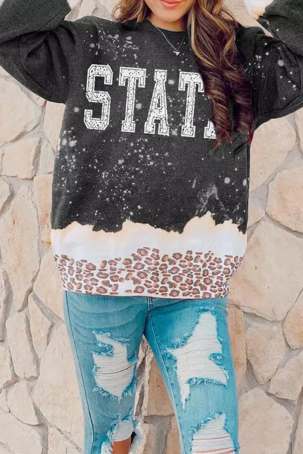 Black STATE Leopard Bleached Sweatshirt