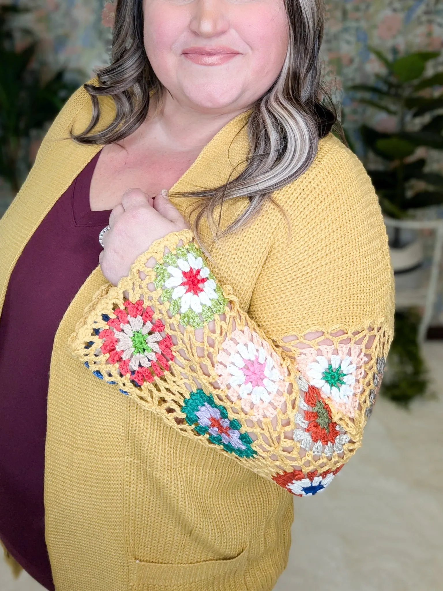 Blossom Gold Sweater Cardigan w/Granny Square Sleeves