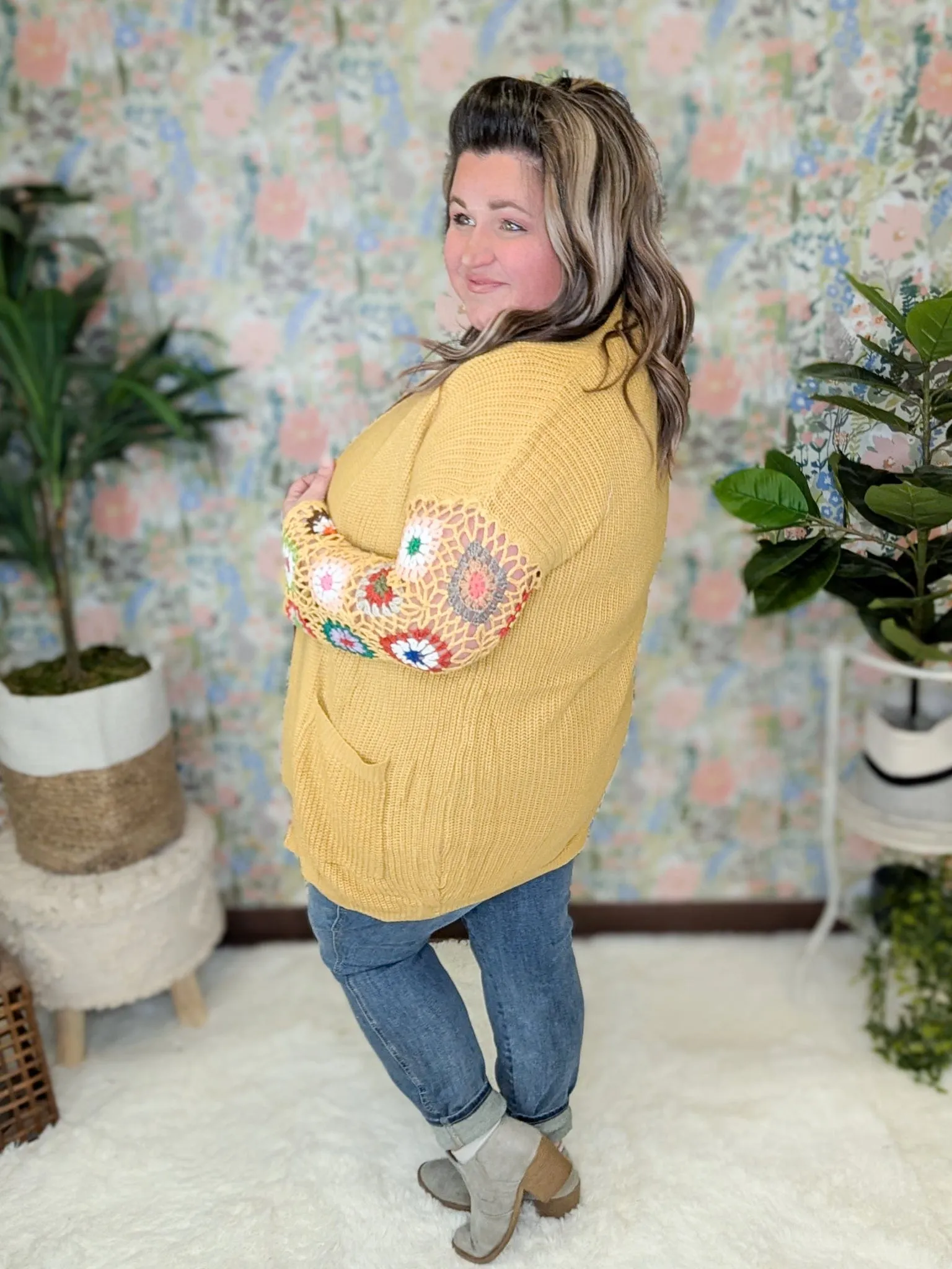 Blossom Gold Sweater Cardigan w/Granny Square Sleeves