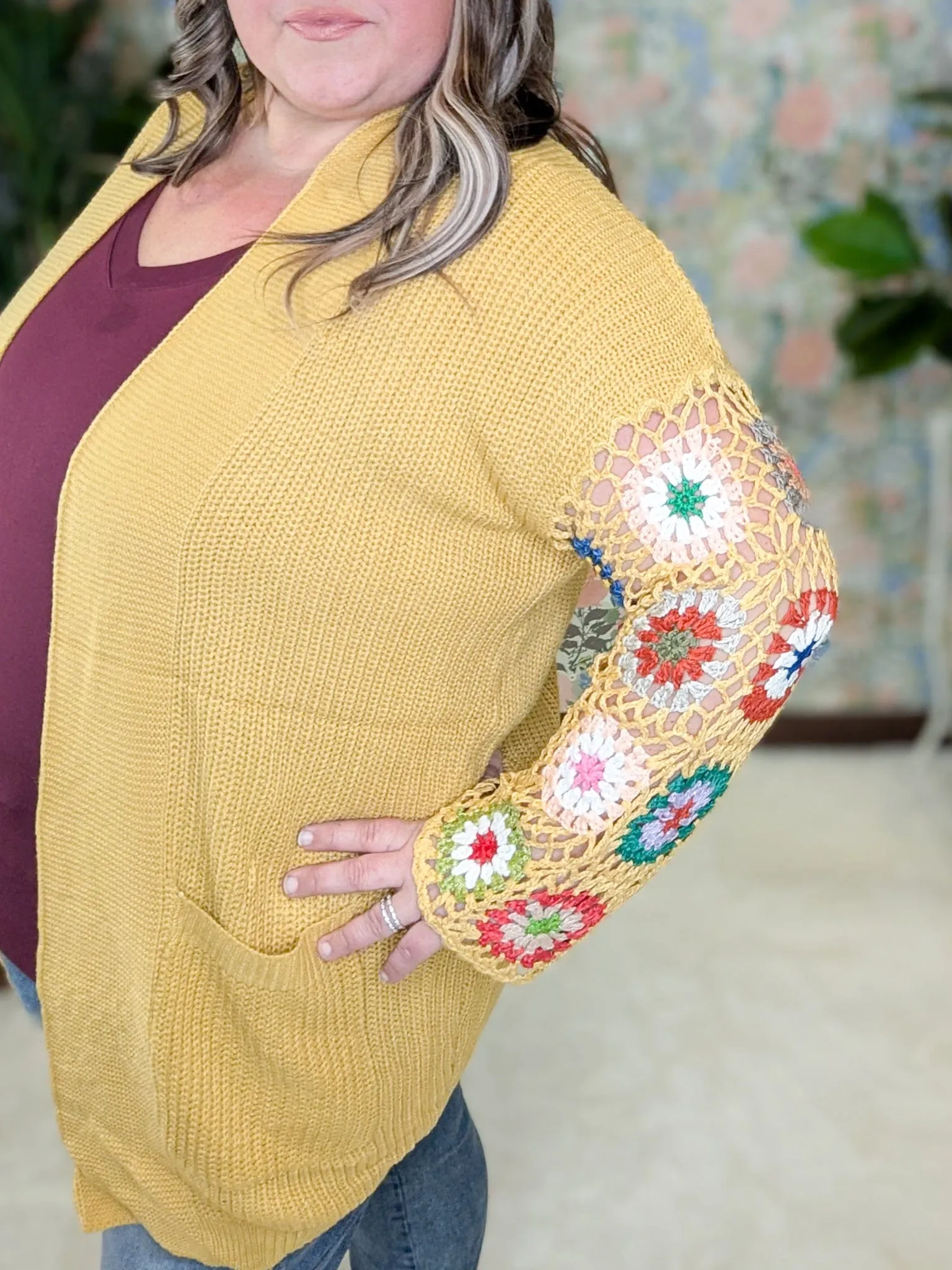 Blossom Gold Sweater Cardigan w/Granny Square Sleeves