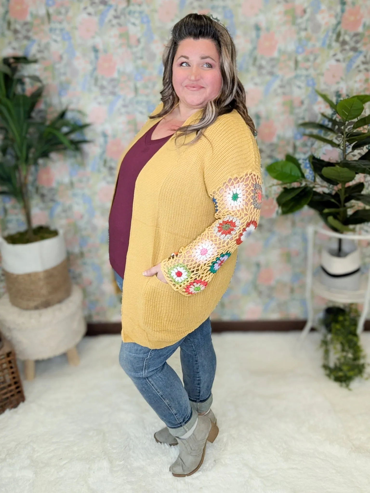 Blossom Gold Sweater Cardigan w/Granny Square Sleeves