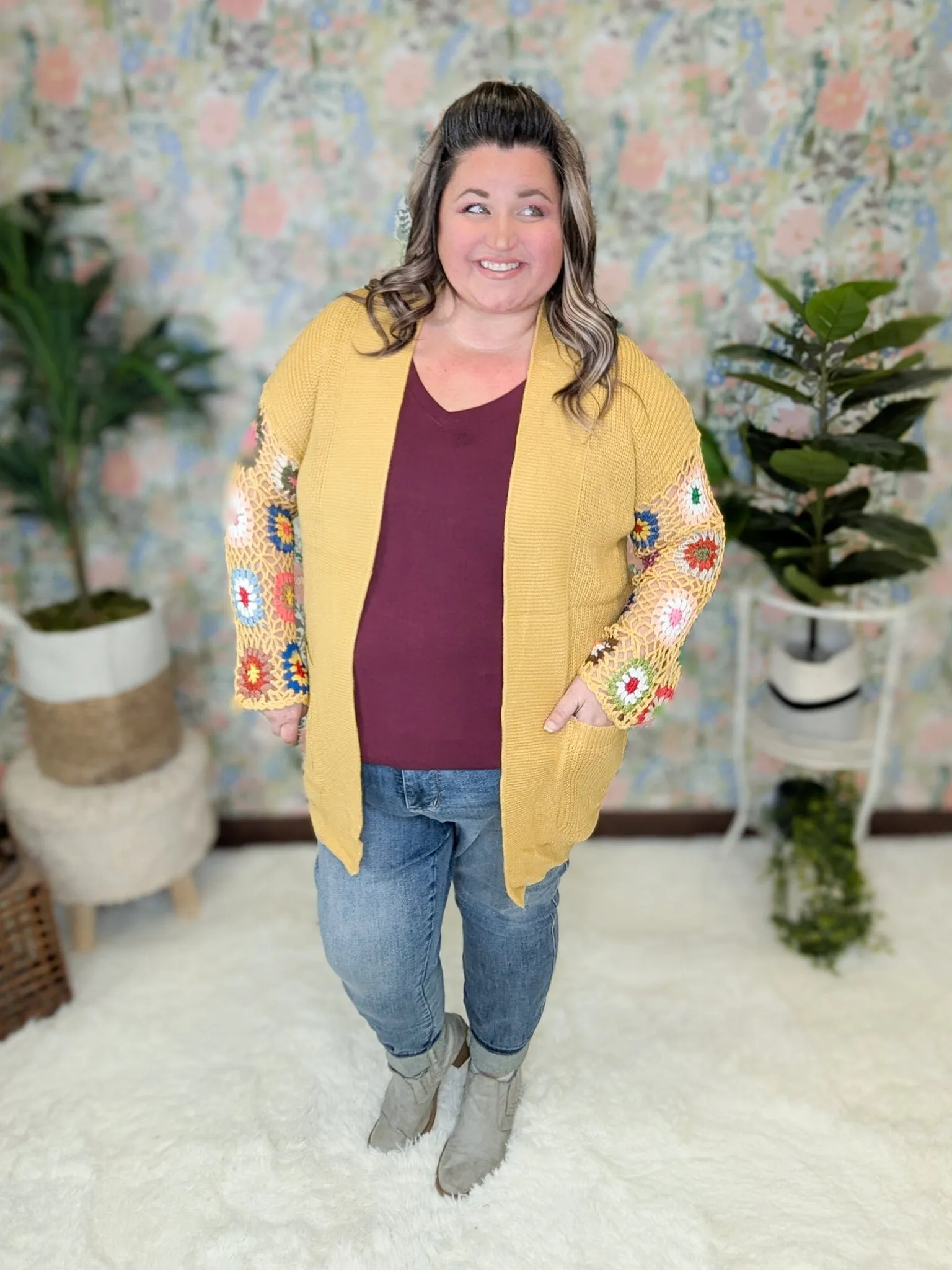 Blossom Gold Sweater Cardigan w/Granny Square Sleeves