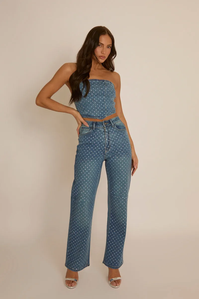 Blue Embellished Denim Jeans - Gabriela