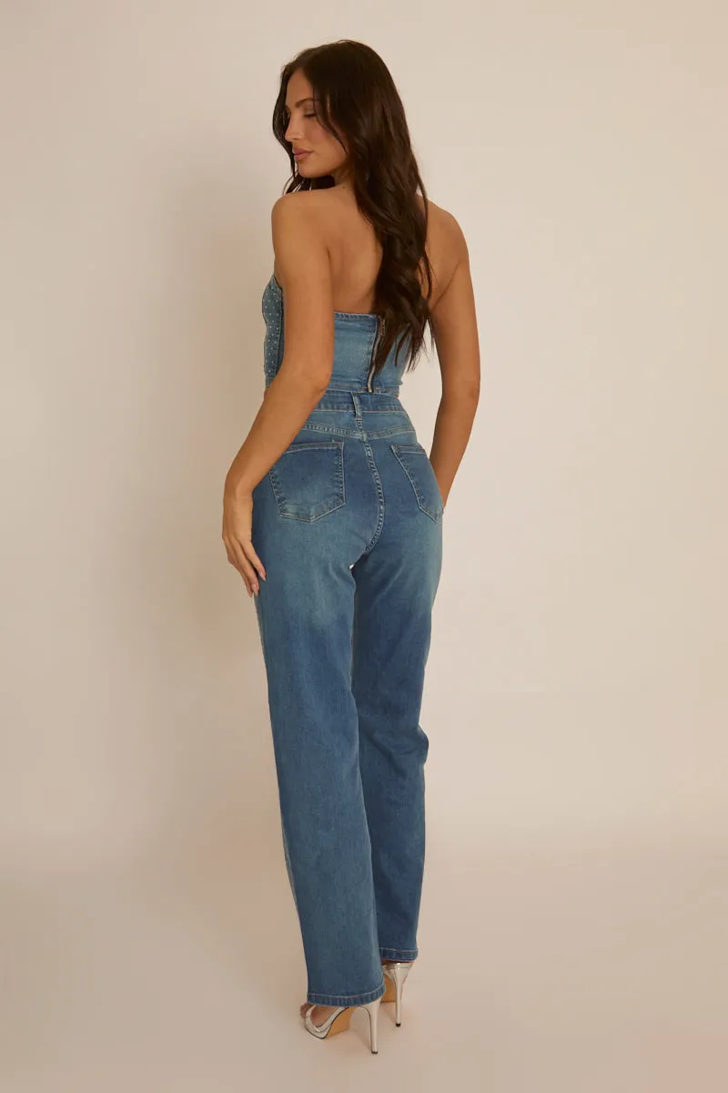 Blue Embellished Denim Jeans - Gabriela