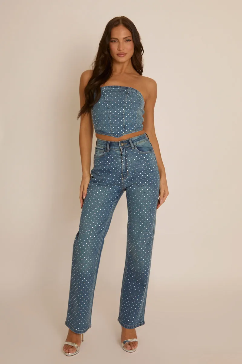 Blue Embellished Denim Jeans - Gabriela