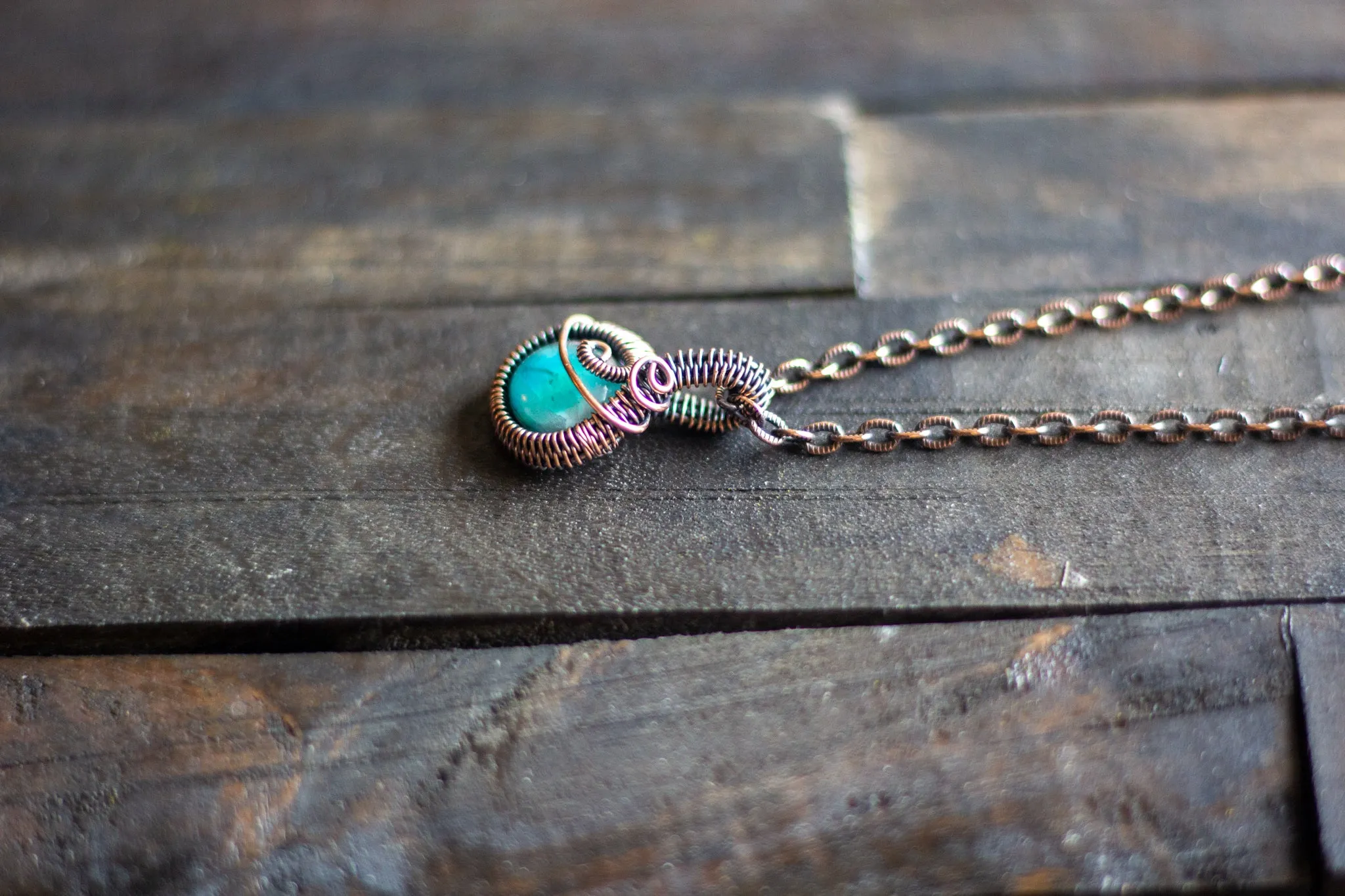 Bright Light Blue Fused Glass Mini Pendant with Copper Wire Wrapping