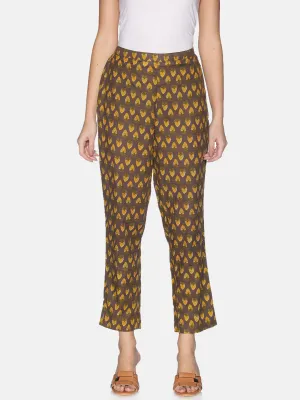 Brown Jaipur Printed Cotton Relaxed Fit Trouser With Side Slit On Hem