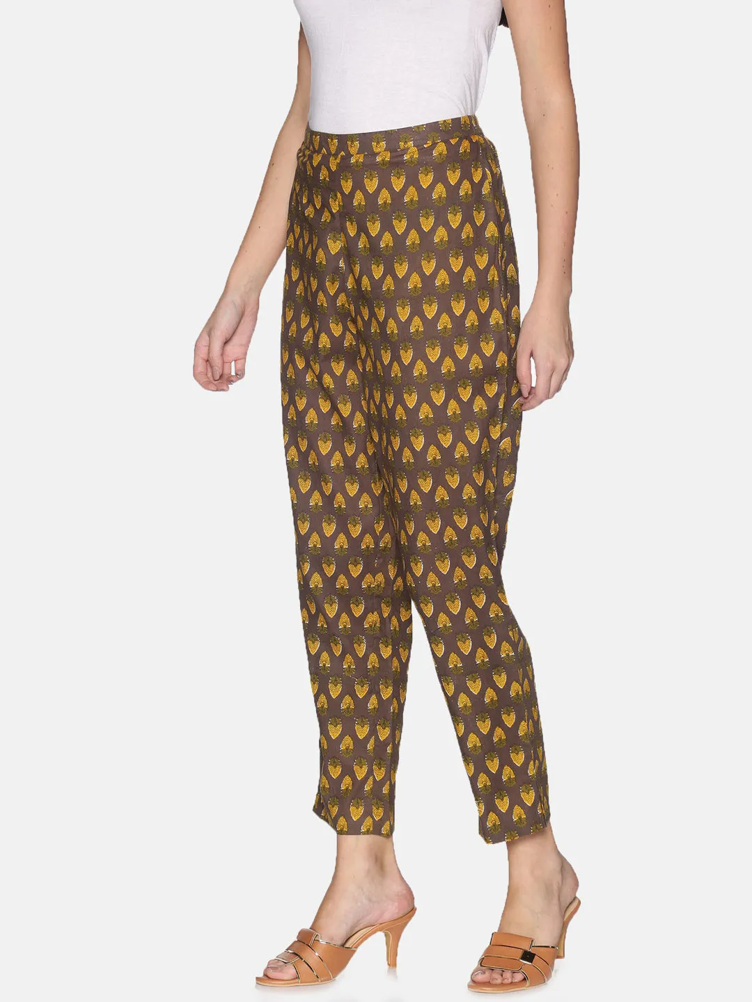 Brown Jaipur Printed Cotton Relaxed Fit Trouser With Side Slit On Hem