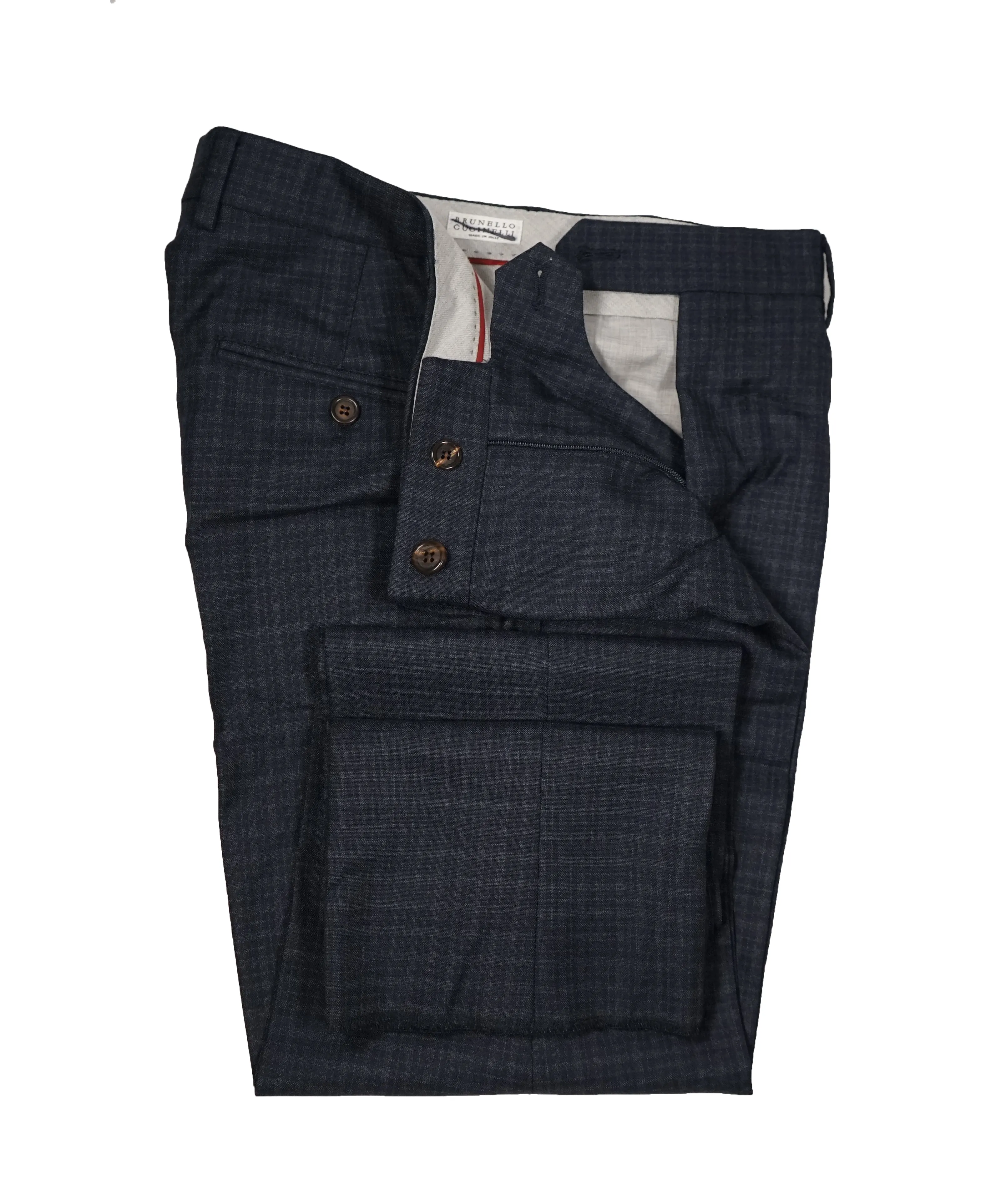 BRUNELLO CUCINELLI - Blue  Abstract Check Flat Front Pants - 32W