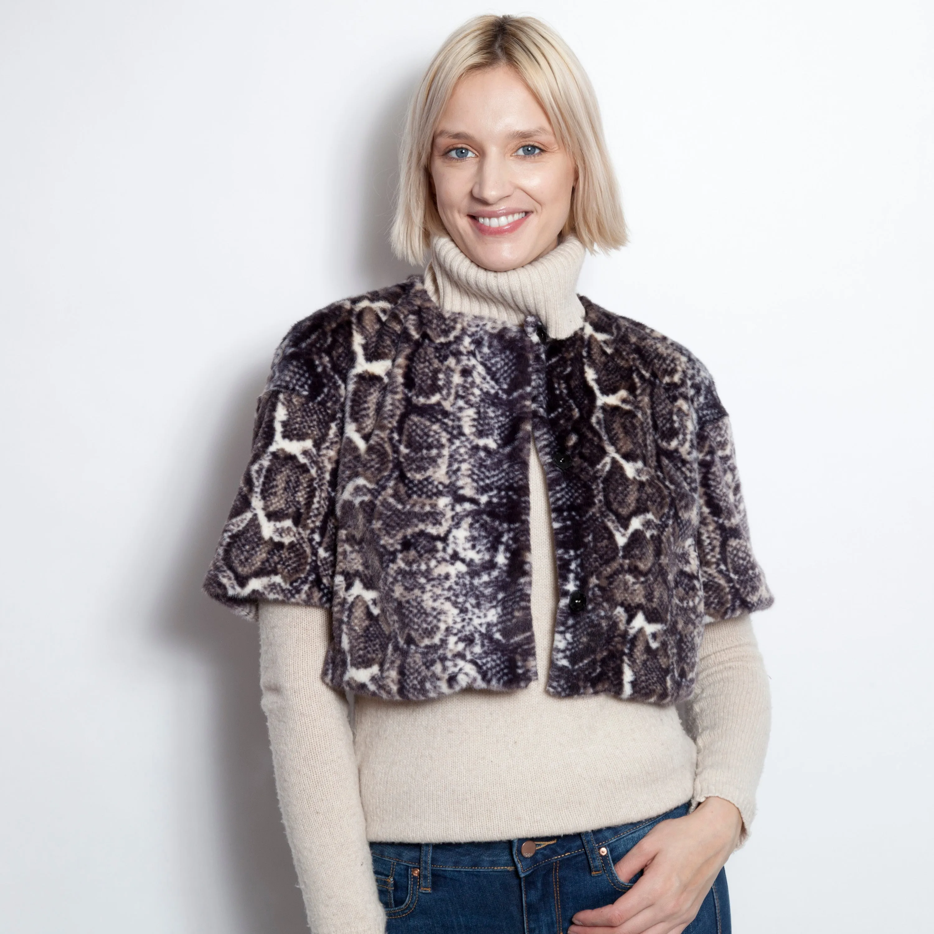 Cropped Collarless Faux Fur Snake Print Jacket