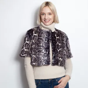Cropped Collarless Faux Fur Snake Print Jacket