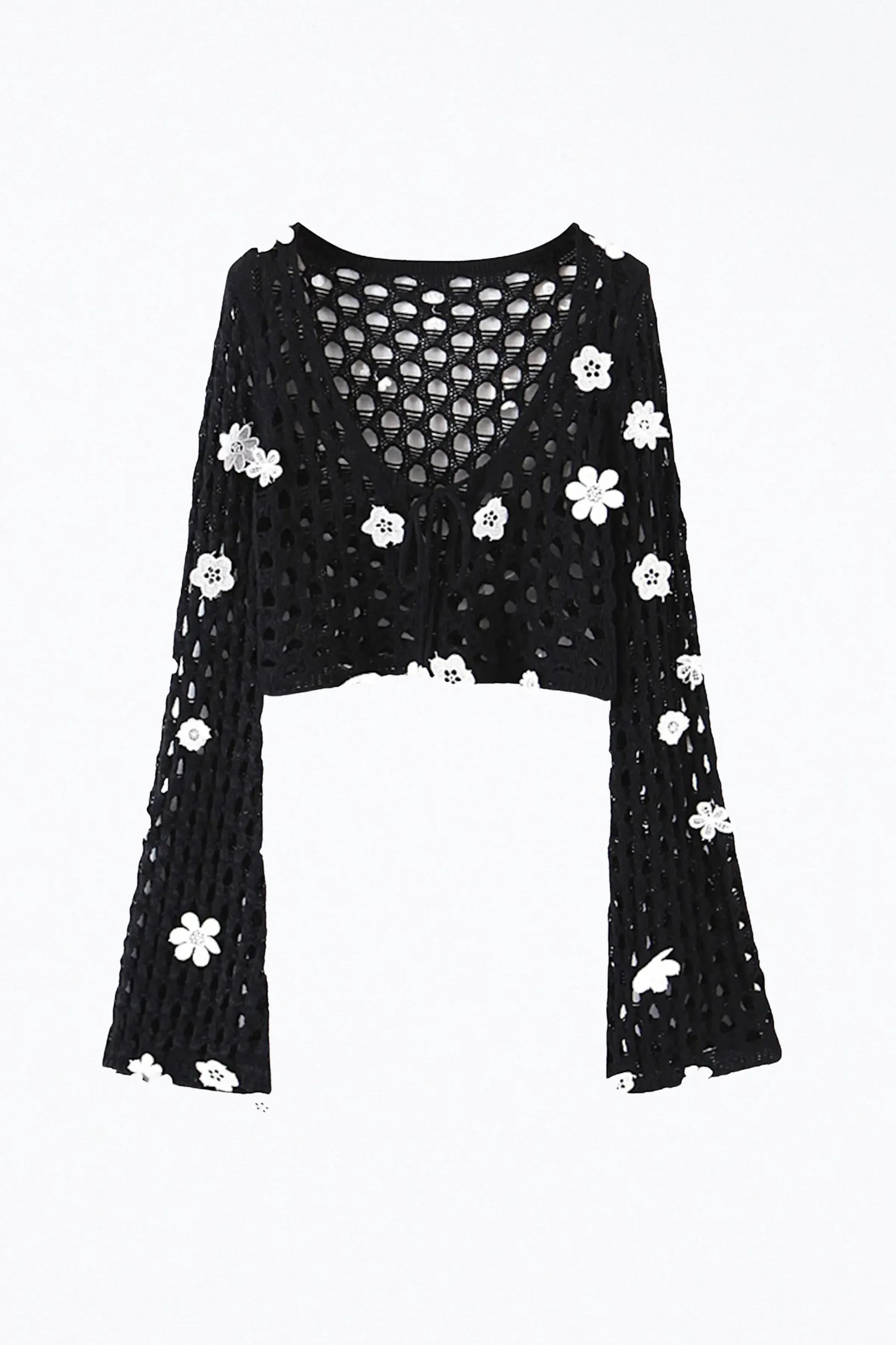 CROPPED CROCHET FLORAL APPLIQUE CARDIGAN