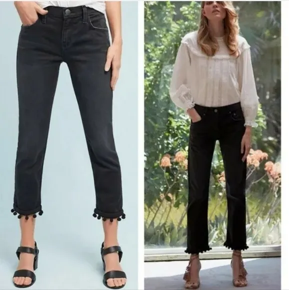 Current Elliott Cropped Straight Pom Pom Jeans Worn - Black