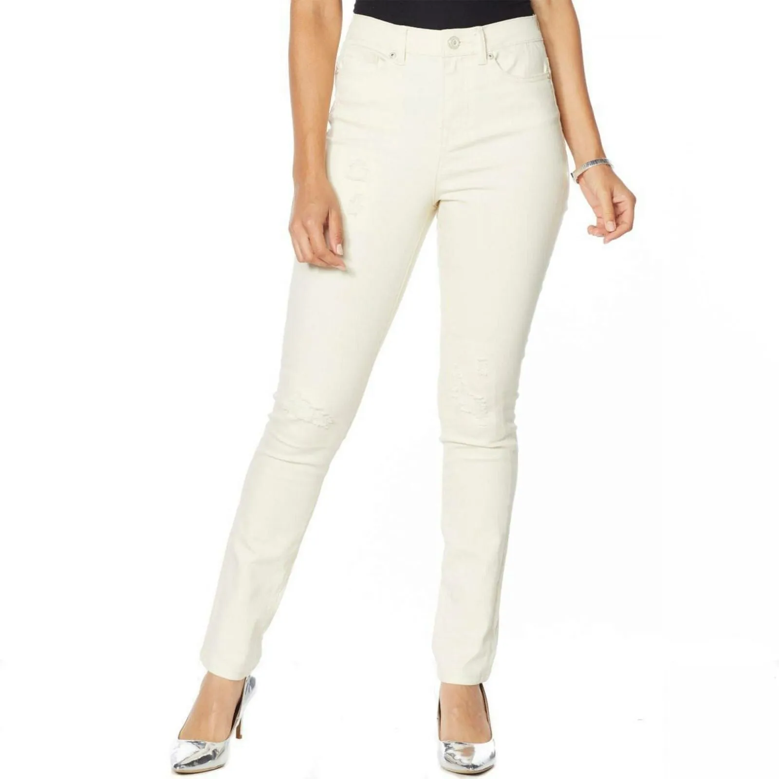 DG2 by Diane Gilman Virtual Stretch Crosshatch Destructed Jeans Cream Plus 18W