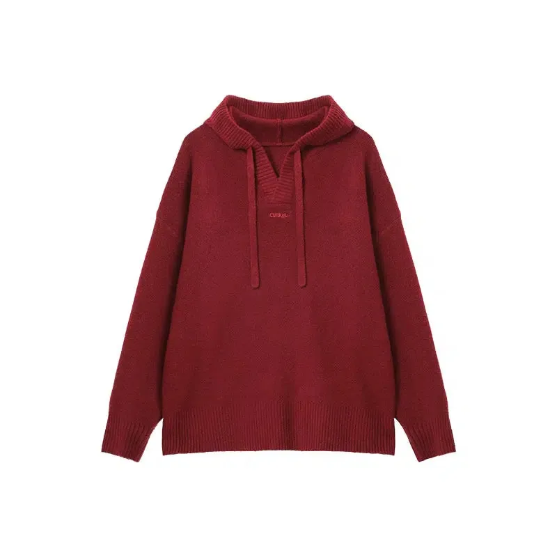 Drawstring Hooded Wool Knit Sweater