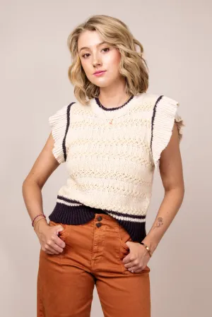 Elan Textured Short Sleeve Sweater for Women in Beige Blue | SWB10890-BEIBLU