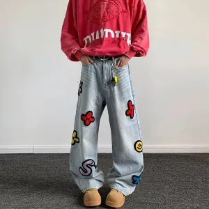 Embroidered Wide-Leg Jeans